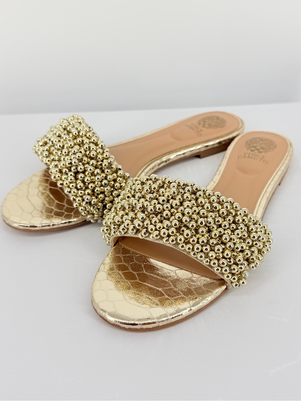 Vince Camuto Gold Beaded Embellished Slide Sandals Women’s Size 6 - Picture 2 of 8